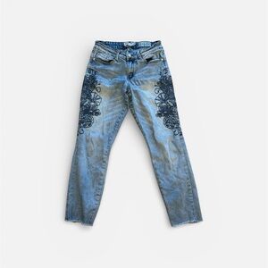Indigo Rein Blue Embroidered Women's ankle Jeans raw hem indie mom size 9/28